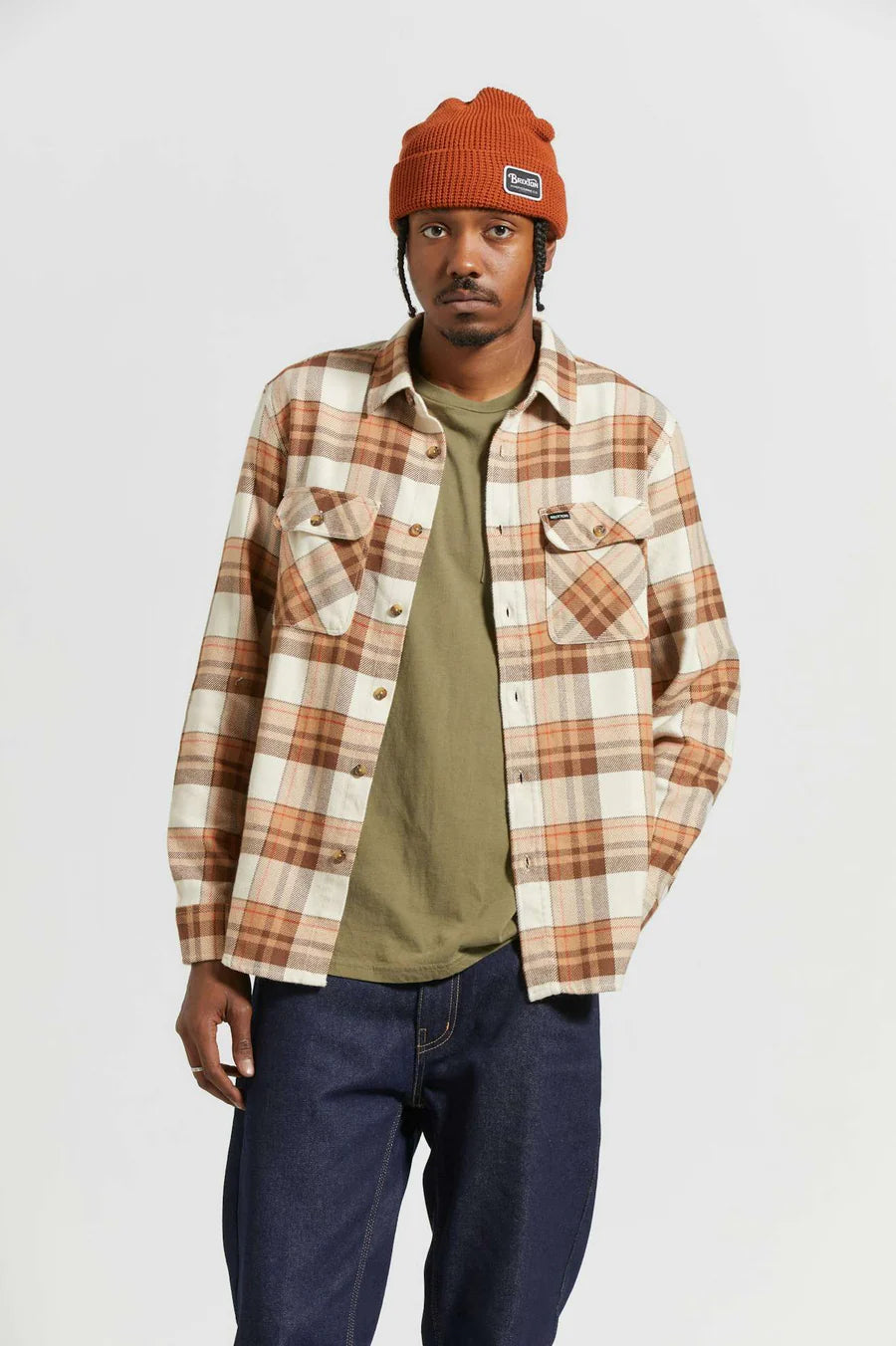 Brixton - Bowery Flannel Shirt in Whitecap/Sand/ Pinecone Brown