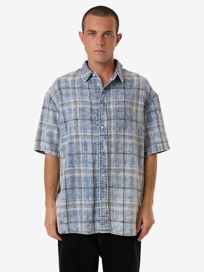 Thrills - Society Oversized Short Sleeve Check Denim Shirt in Bleach Blue