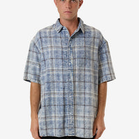 Thrills - Society Oversized Short Sleeve Check Denim Shirt in Bleach Blue