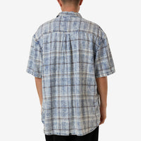 Thrills - Society Oversized Short Sleeve Check Denim Shirt in Bleach Blue