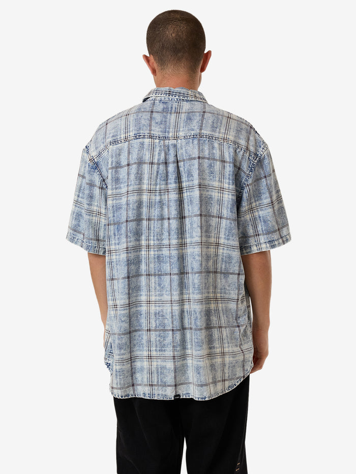 Thrills - Society Oversized Short Sleeve Check Denim Shirt in Bleach Blue