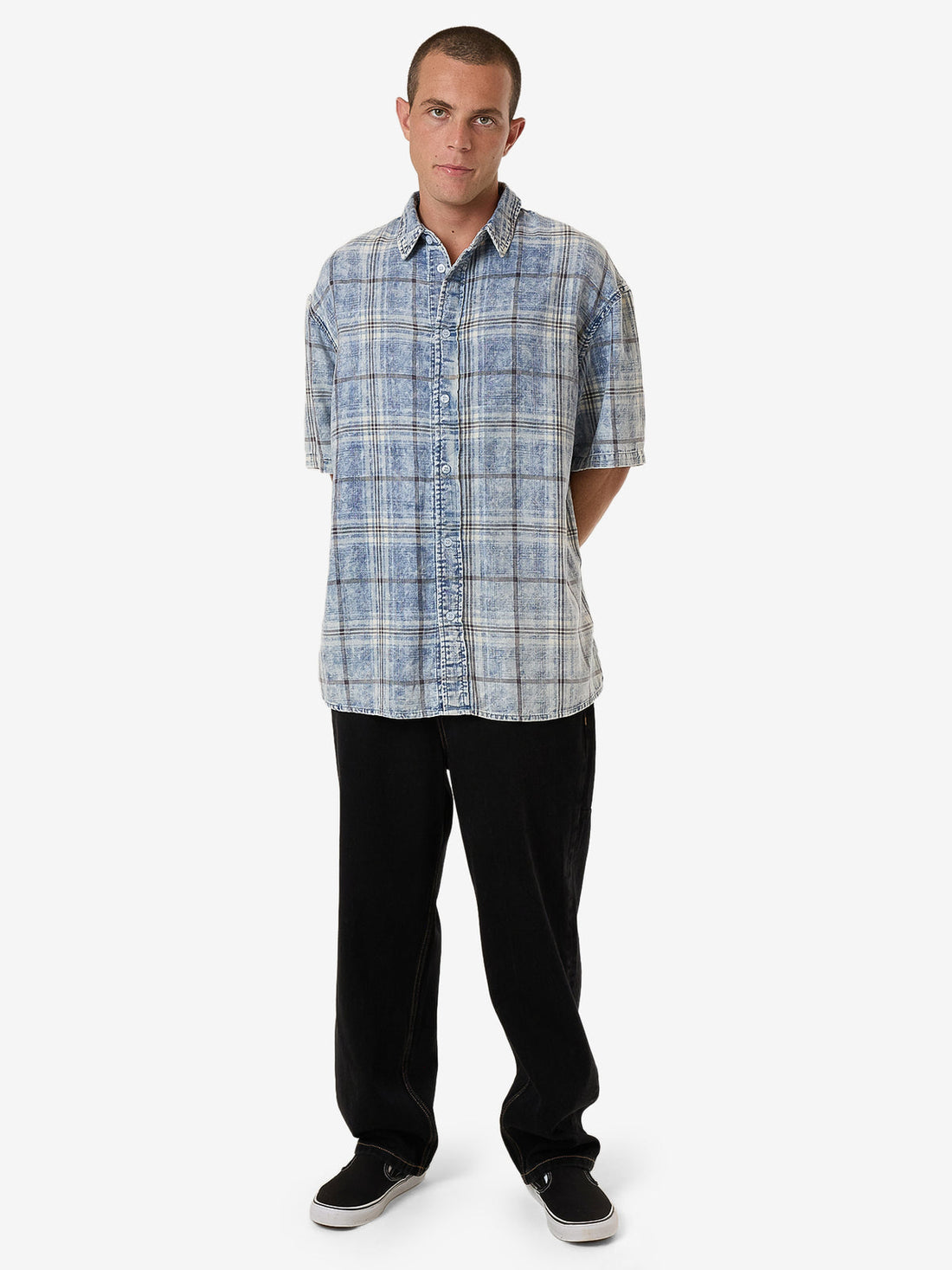 Thrills - Society Oversized Short Sleeve Check Denim Shirt in Bleach Blue