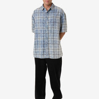 Thrills - Society Oversized Short Sleeve Check Denim Shirt in Bleach Blue