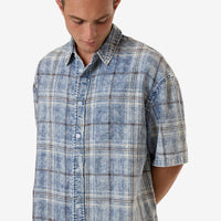 Thrills - Society Oversized Short Sleeve Check Denim Shirt in Bleach Blue