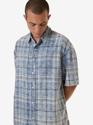 Thrills - Society Oversized Short Sleeve Check Denim Shirt in Bleach Blue