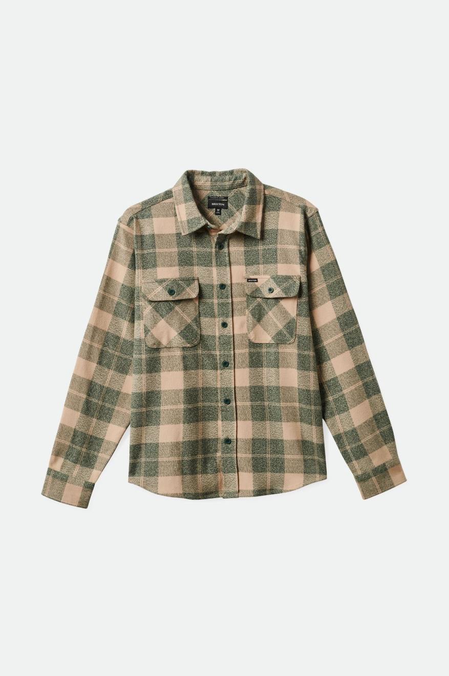 Brixton - Bowery Stretch WR Flannel Shirt in Trekking Green/Oatmilk