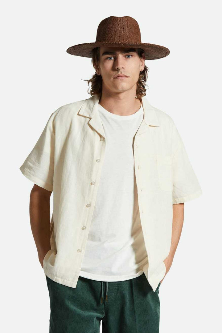 Brixton - Bunker Linen Blend S/S Camp Collar Shirt in Whitecap