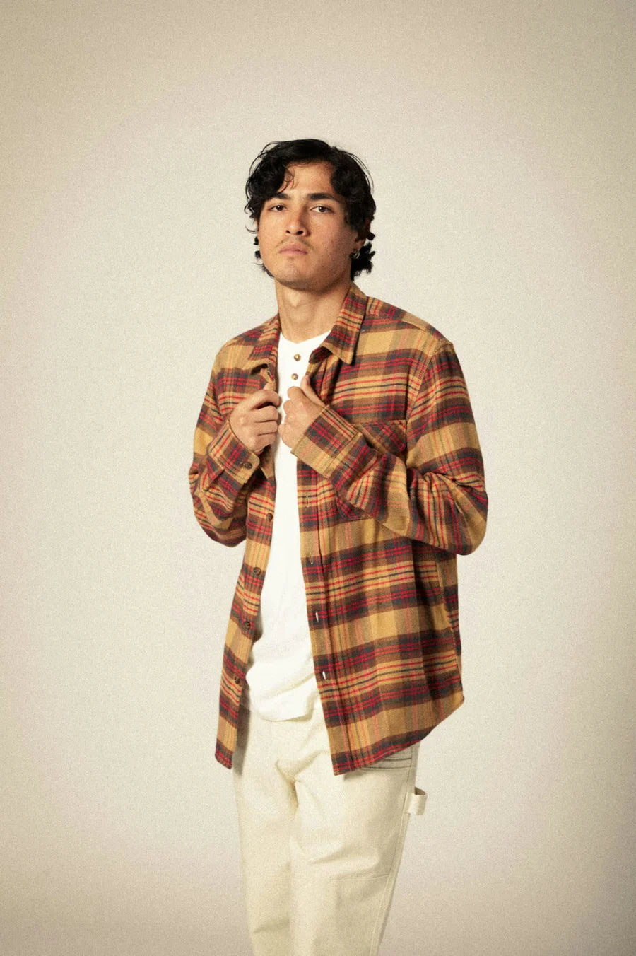 Brixton - Bowery Flannel Shirt in Curry/Washed Black/Crimson