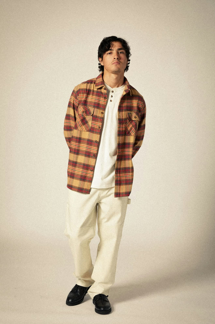 Brixton - Bowery Flannel Shirt in Curry/Washed Black/Crimson